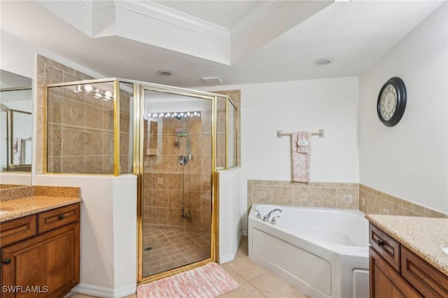 bathroom with tile patterned flooring, vanity, shower with separate bathtub, and crown molding