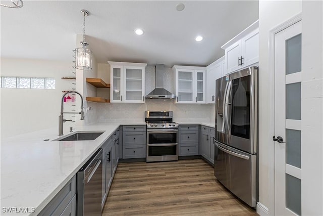 kitchen with appliances with stainless steel finishes, wall chimney exhaust hood, sink, white cabinetry, and gray cabinets