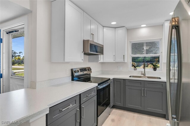 kitchen with white cabinets, sink, gray cabinets, and stainless steel appliances