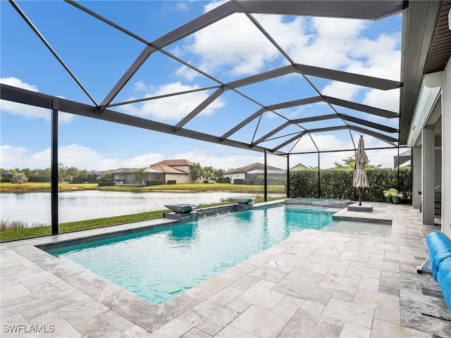 view of swimming pool featuring a patio area, glass enclosure, a water view, and a jacuzzi