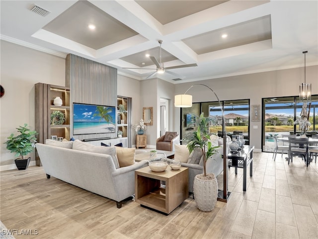 living room with ceiling fan with notable chandelier, a high ceiling, crown molding, beam ceiling, and coffered ceiling