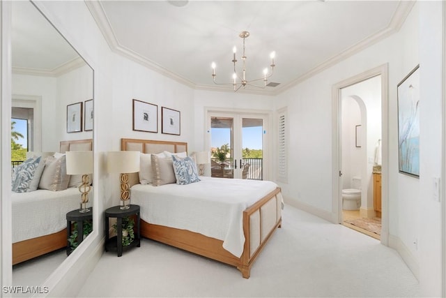 carpeted bedroom featuring french doors, connected bathroom, crown molding, a notable chandelier, and access to exterior