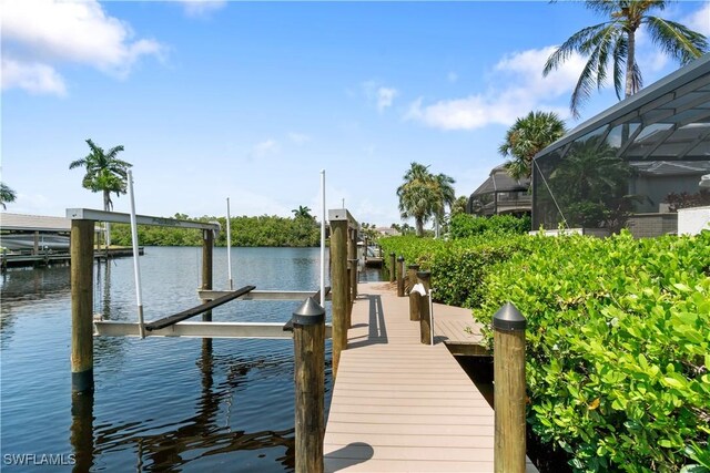 view of dock featuring a water view and a lanai