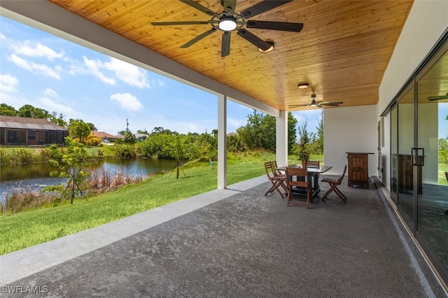 view of patio / terrace featuring ceiling fan and a water view