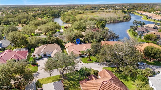 drone / aerial view featuring a water view