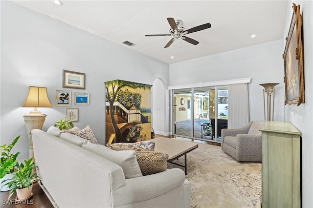 living room featuring ceiling fan