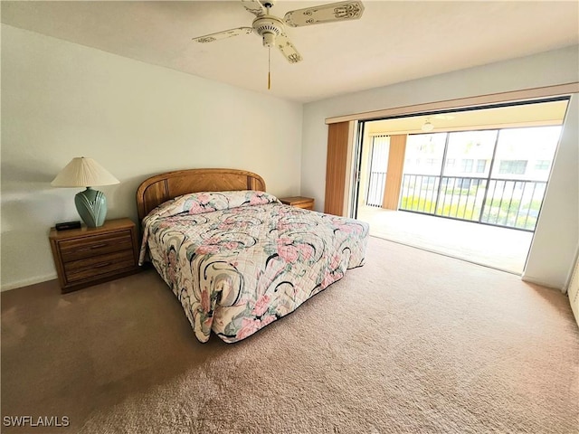 bedroom featuring ceiling fan, carpet flooring, and access to outside