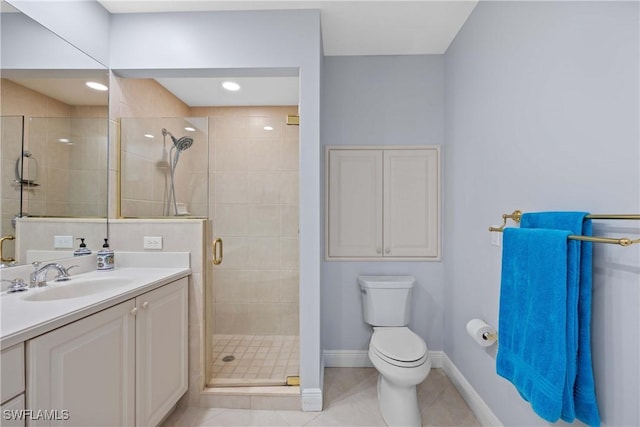 bathroom featuring tile patterned floors, an enclosed shower, vanity, and toilet