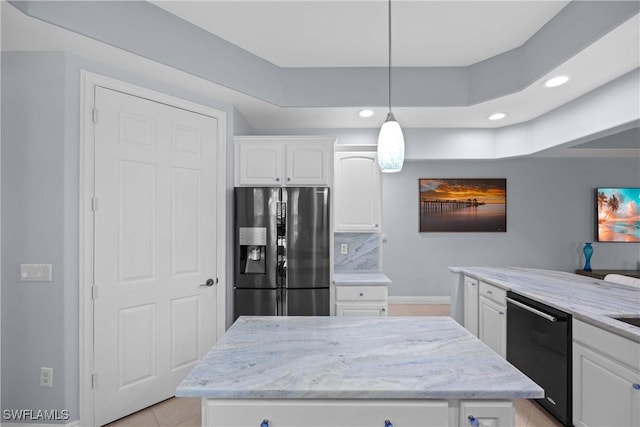 kitchen with white cabinetry, stainless steel fridge, dishwasher, pendant lighting, and a center island