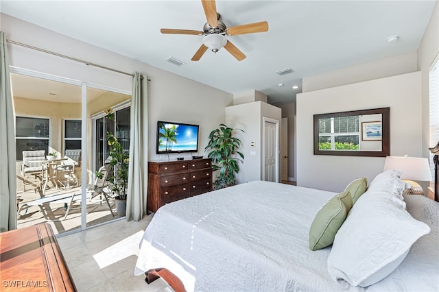 bedroom with ceiling fan and access to outside