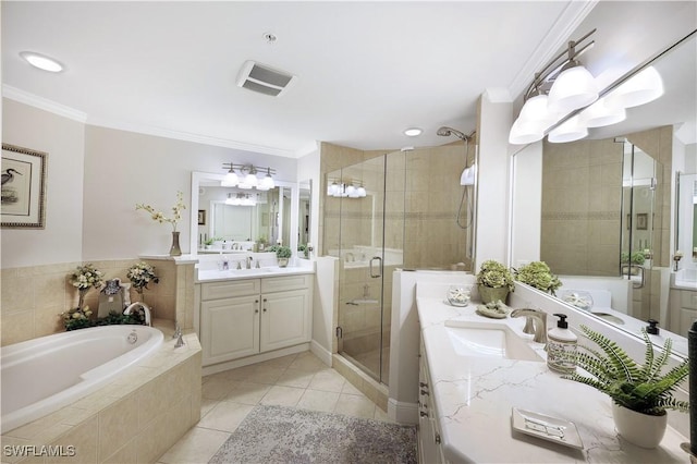 bathroom with tile patterned flooring, vanity, ornamental molding, and plus walk in shower