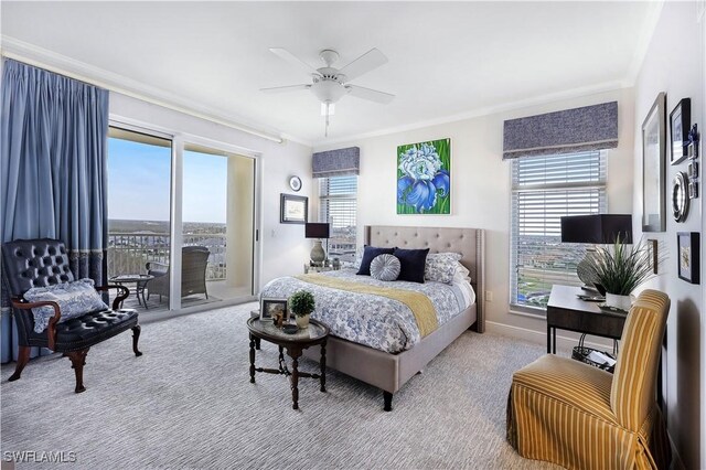 bedroom featuring ceiling fan, access to outside, light carpet, and crown molding