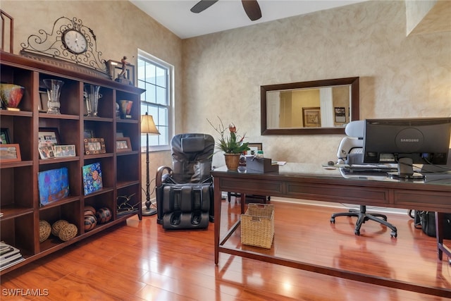 office area featuring ceiling fan and hardwood / wood-style floors