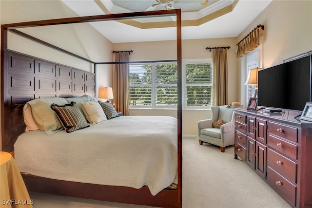 bedroom featuring light carpet and a tray ceiling