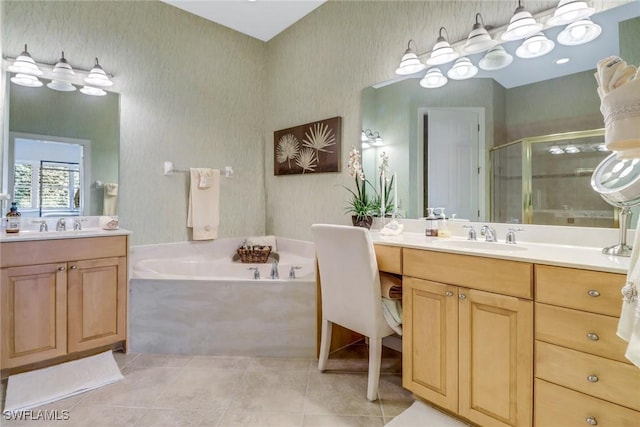 bathroom with plus walk in shower, tile patterned floors, and vanity