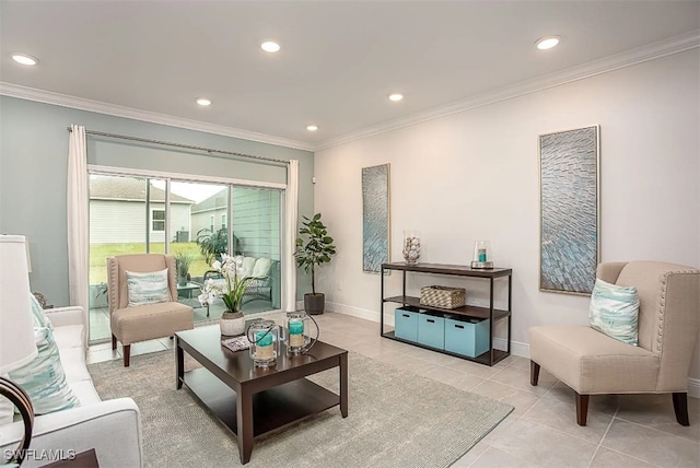 tiled living room featuring ornamental molding