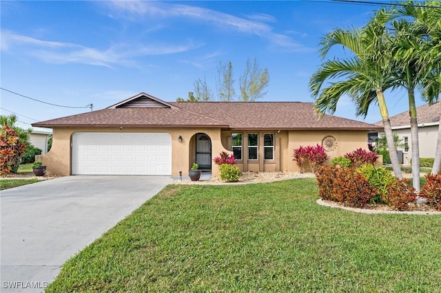 ranch-style home featuring a garage and a front lawn