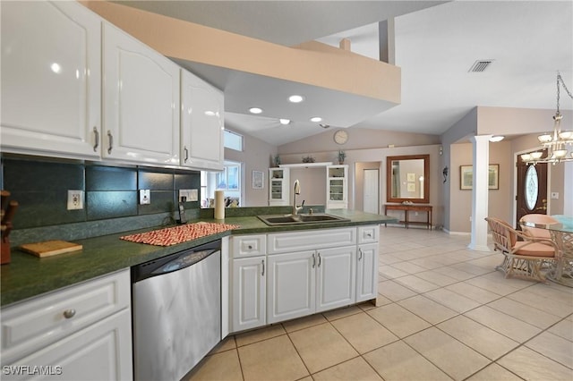 kitchen featuring white cabinets, stainless steel dishwasher, sink, and tasteful backsplash