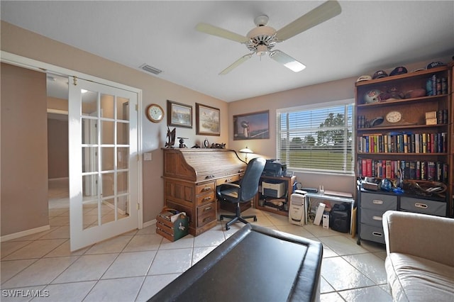 office space with light tile patterned flooring, ceiling fan, and french doors