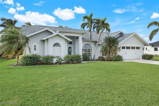 ranch-style house with a garage and a front lawn