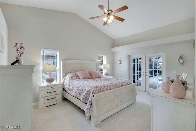 bedroom featuring light carpet, access to exterior, ceiling fan, and french doors