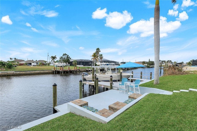 dock area featuring a water view and a yard