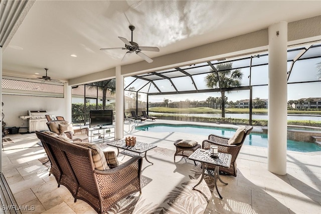 view of patio / terrace with ceiling fan, glass enclosure, and a swimming pool with hot tub