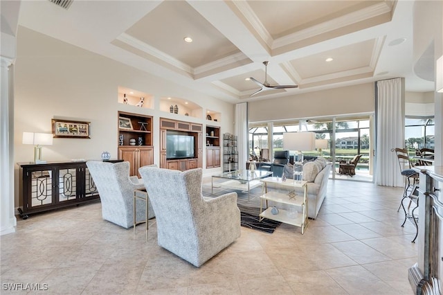 tiled living room with coffered ceiling, ceiling fan, built in features, crown molding, and beamed ceiling