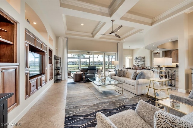 living room featuring ceiling fan, crown molding, beam ceiling, and coffered ceiling