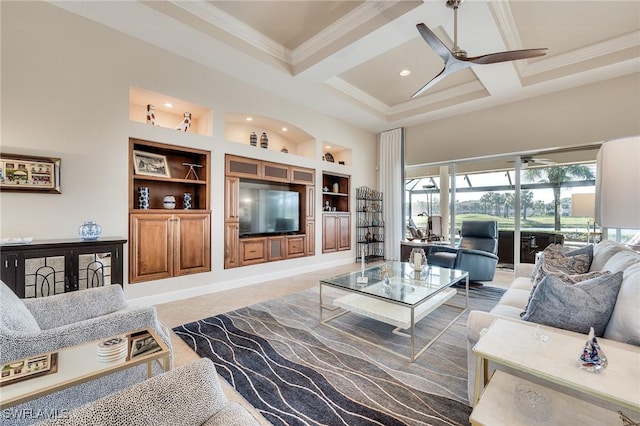 tiled living room featuring coffered ceiling, ceiling fan, crown molding, beam ceiling, and built in shelves