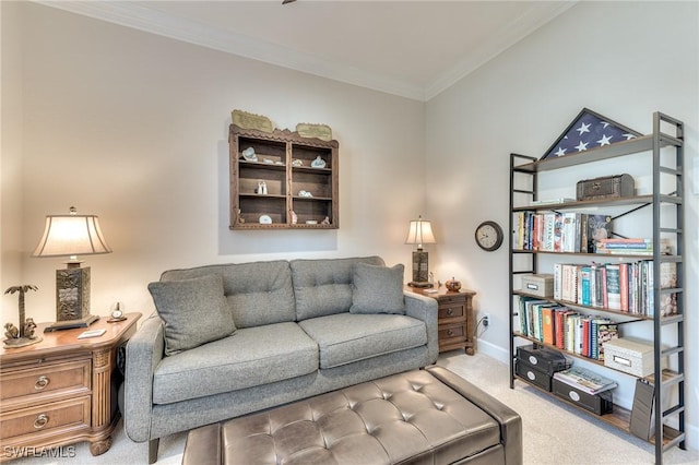 living area featuring crown molding and carpet flooring