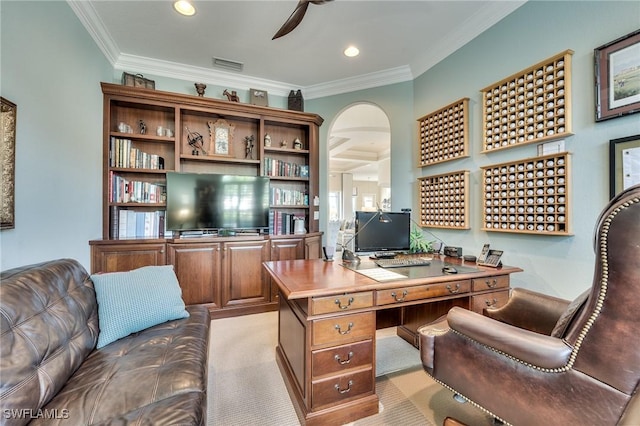 office space featuring ceiling fan, light colored carpet, and crown molding