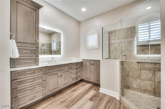 bathroom featuring vanity, wood-type flooring, and an enclosed shower