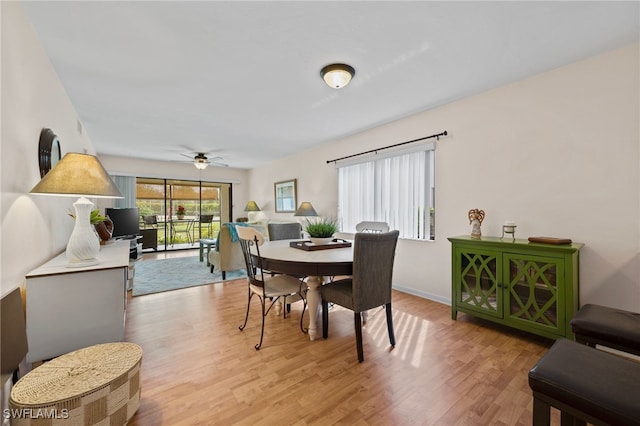 dining space with light hardwood / wood-style floors and ceiling fan