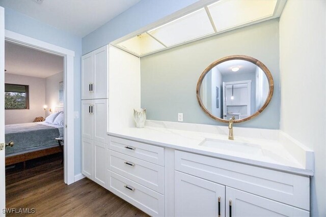 bathroom with hardwood / wood-style flooring and vanity