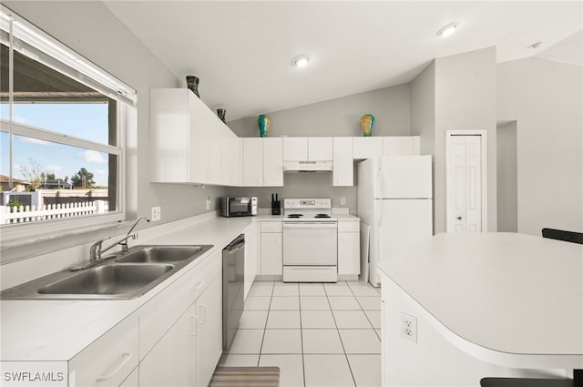 kitchen featuring lofted ceiling, sink, white appliances, and white cabinets