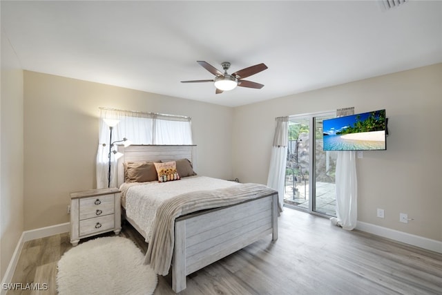 bedroom with ceiling fan, access to outside, and light wood-type flooring