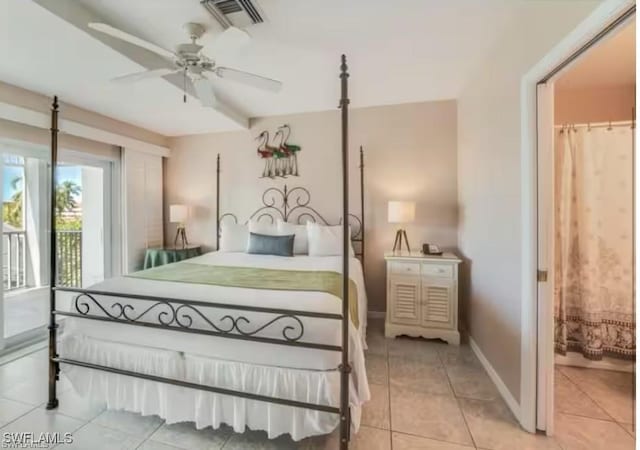 bedroom with light tile patterned flooring, ceiling fan, and access to exterior