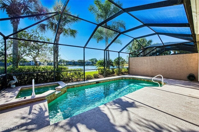 view of swimming pool with a water view, a patio, and glass enclosure