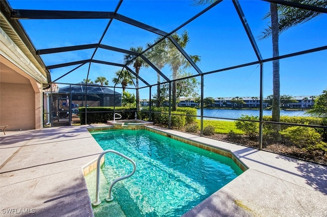 view of pool featuring glass enclosure, an in ground hot tub, a water view, and a patio