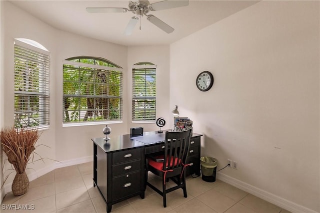 tiled office with ceiling fan