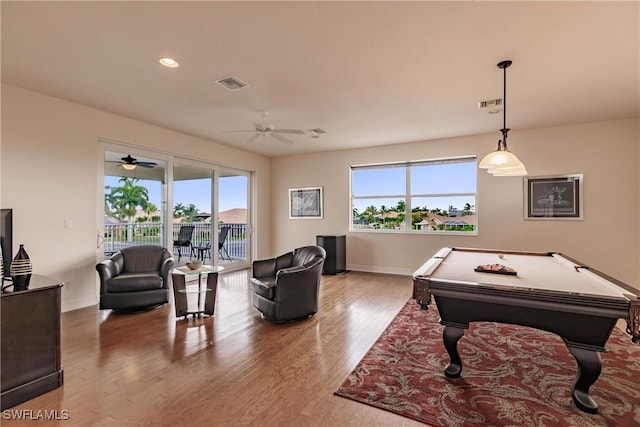 game room with ceiling fan, billiards, and light hardwood / wood-style flooring