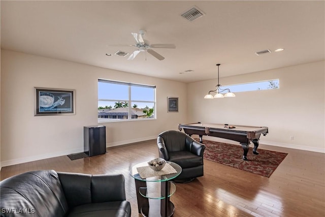 game room with ceiling fan, hardwood / wood-style floors, and pool table