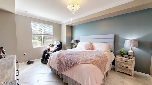 tiled bedroom with ornamental molding and a chandelier