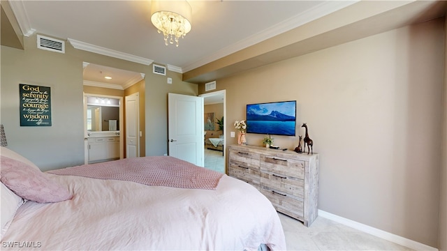 bedroom featuring connected bathroom, crown molding, and a notable chandelier