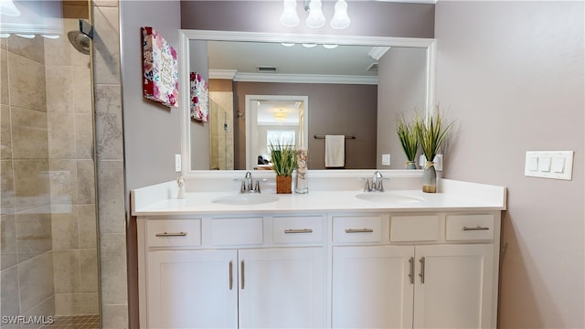 bathroom featuring walk in shower, vanity, and crown molding