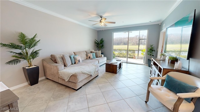 tiled living room featuring ceiling fan and crown molding