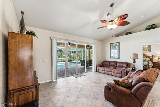 living room featuring vaulted ceiling and ceiling fan