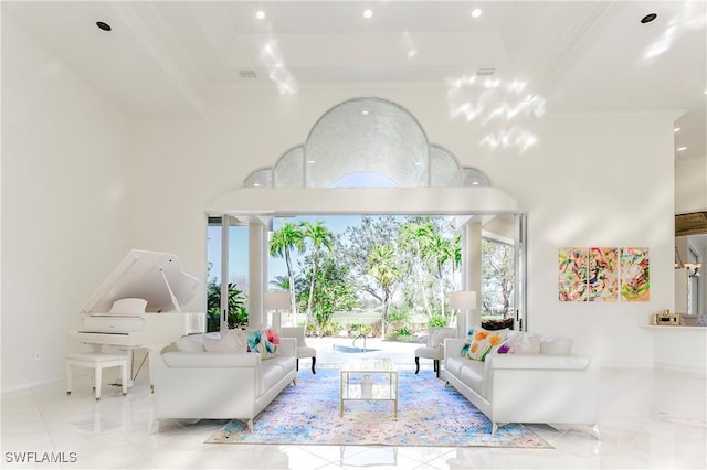 living room with a raised ceiling, ornamental molding, and a towering ceiling