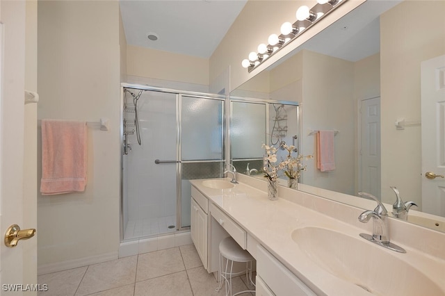 bathroom with vanity, a shower with door, and tile patterned floors